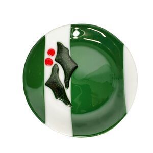 Fused Aer Glass Christmas Serving Plate Holiday Holly Berry Green White Signed